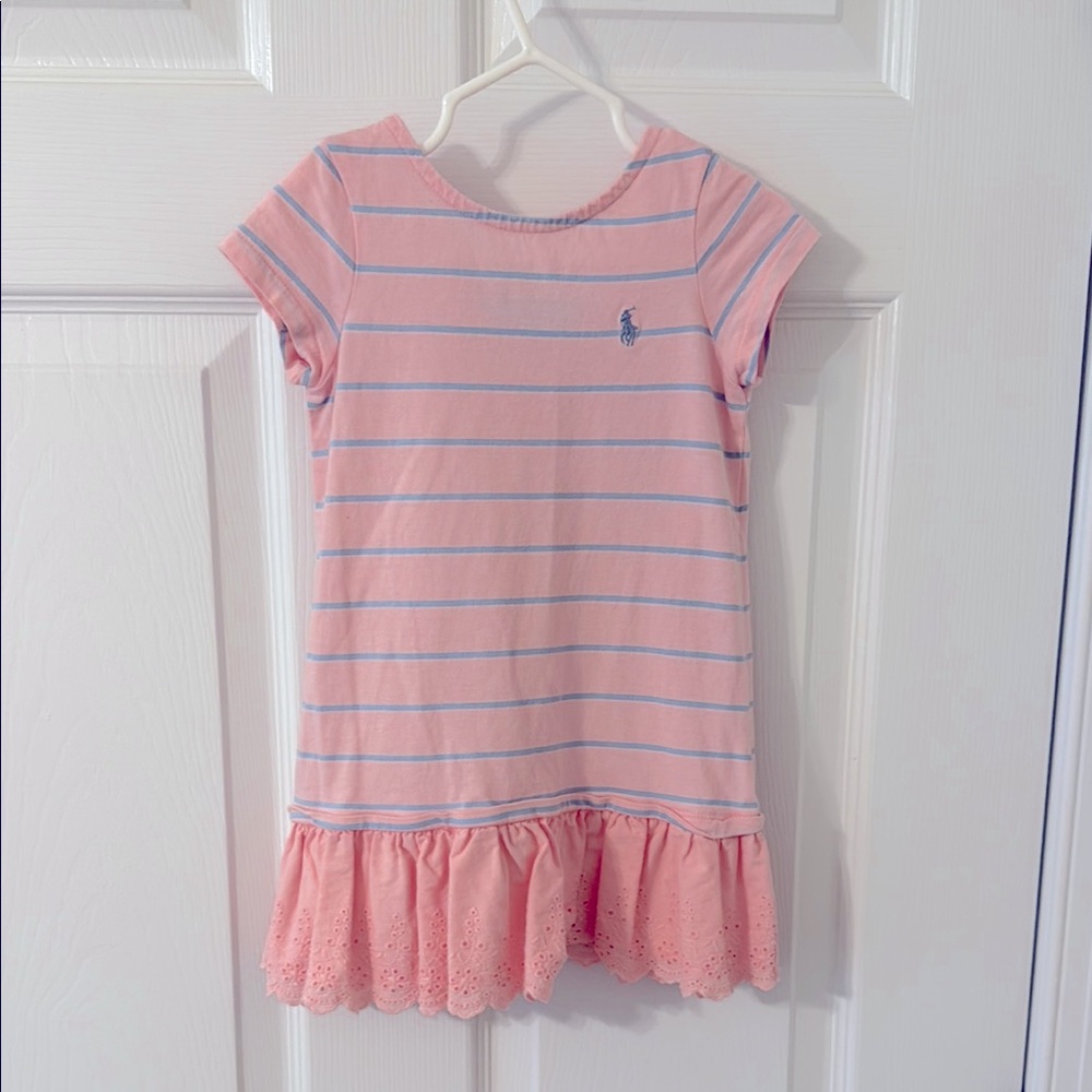 Ralph Lauren Pink Dress with Blue Stripes and Ruffle